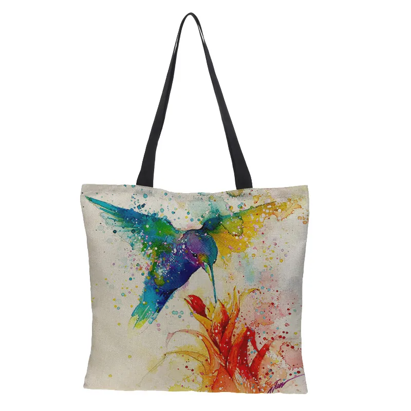 Mode Leinen Tragetasche Für Damen Große Kapazität Aquarell Tier Vogel Drucken Wiederverwendbare Einkaufstasche Geschenk Handtasche