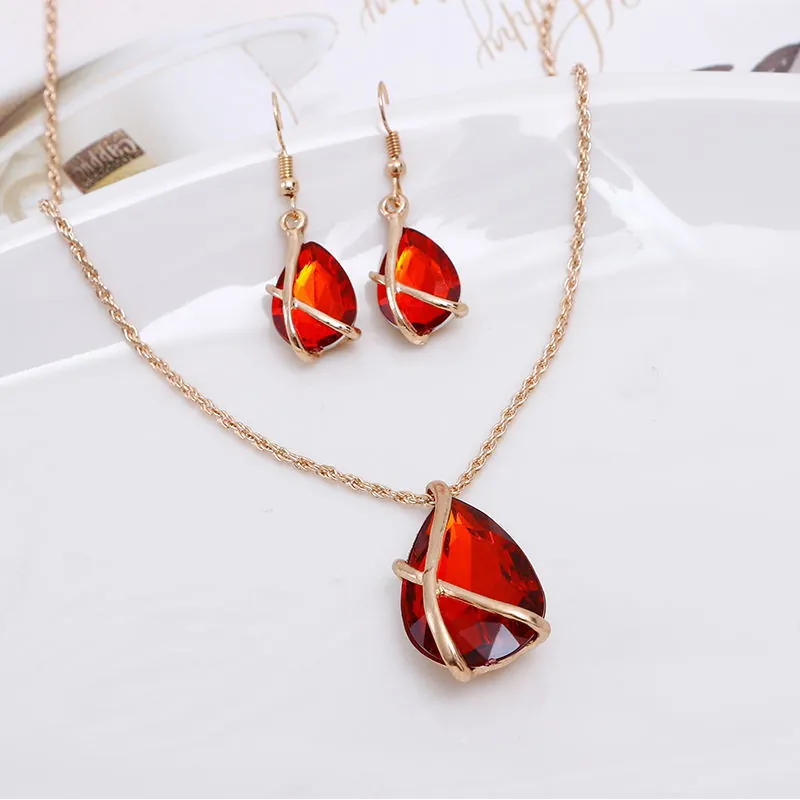Vintage Alloy Rhinestone Water Drop Teardrop Necklace And Earrings Jewelry For Women Western Fashion Cross Hollow Jewelry