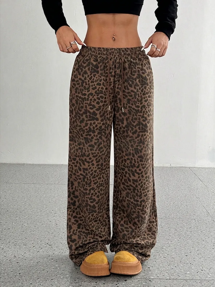 Amerikanische Straße Leopard Muster Tarnung Kariert Weitbein Hose Hohe Taille Kordelzug Bodenlang Casual Hose Für Jugendliche