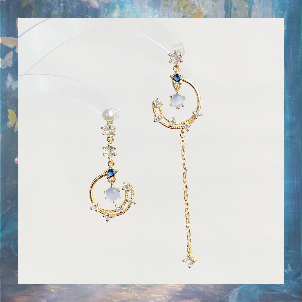 Asymmetric Star Moon Tassel Drop Earrings For Women Copper Micro Inlaid Zirconia Jewelry Gold Plated Piercing Earrings