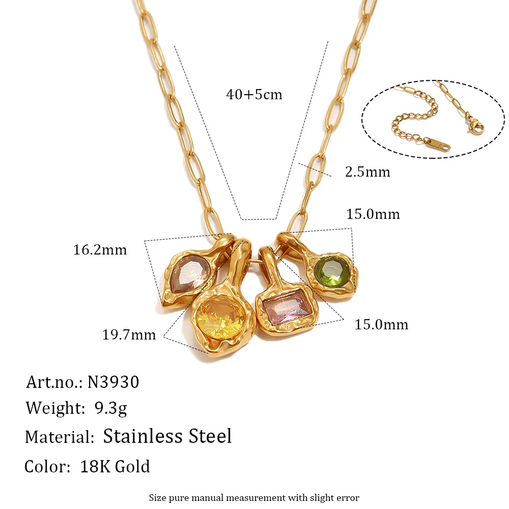 French Vintage Stainless Steel Hammered Texture Jewelry Set Multicolor Rhinestone Oval Pendant Necklace Gold Earrings For Women