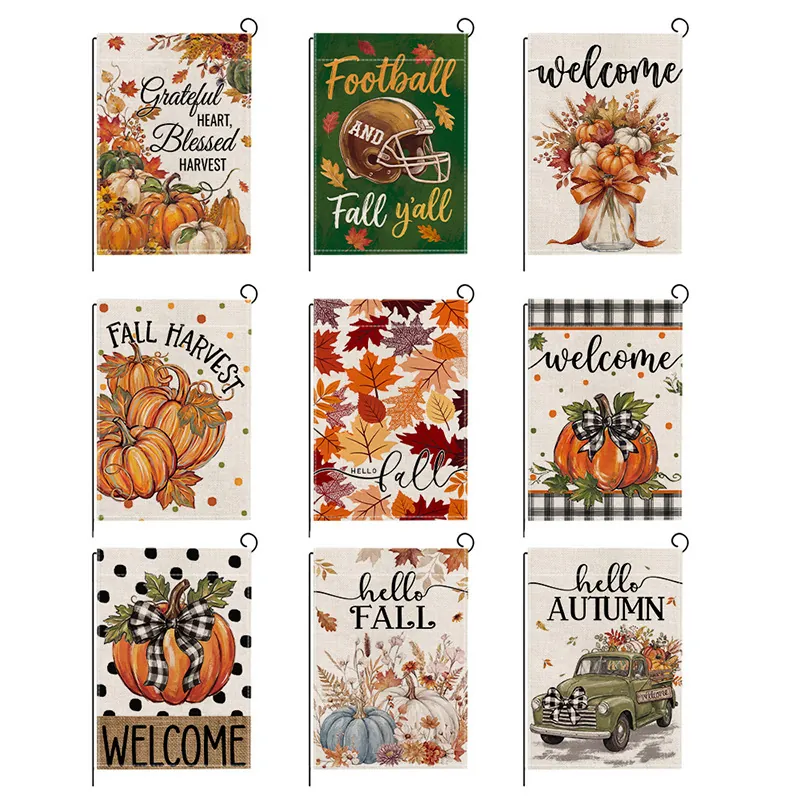Autumn Garden Flag Double Sided Polyester Linen Look Thanksgiving Outdoor Yard Decor Pumpkin Sunflower Maple Leaf Holiday Hanging Decoration