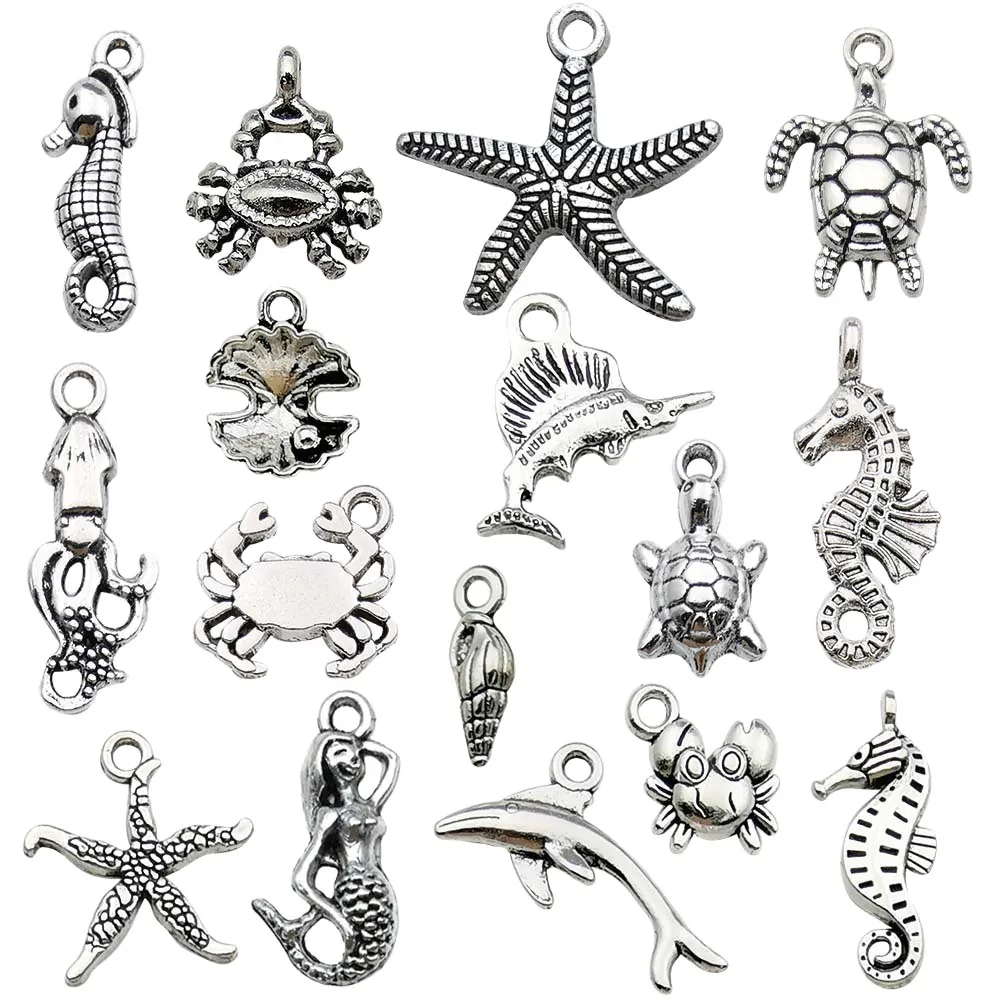 Legierung Ozean Tier Charms Seepferdchen Seestern Schildkröte Muschel DIY Schmuckherstellung Zubehör Antik Silber Anhänger Für Armband Halskette