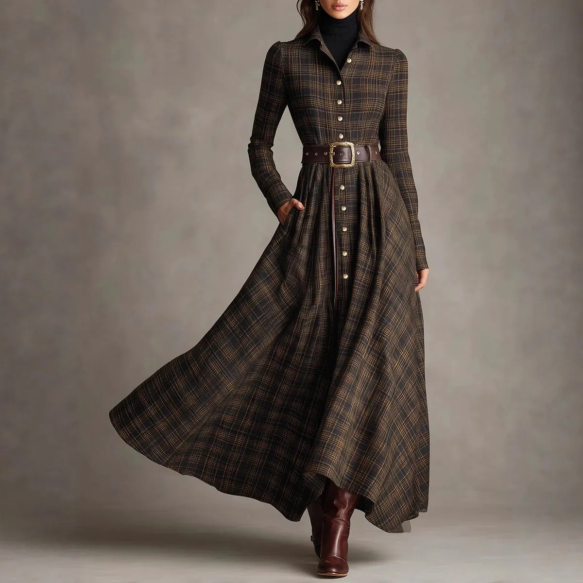 Women Retro Plaid Print Shirt Dress Lapel Long Sleeve Elastic Waist Maxi Dress With Belt European Western Style Polyester Gown