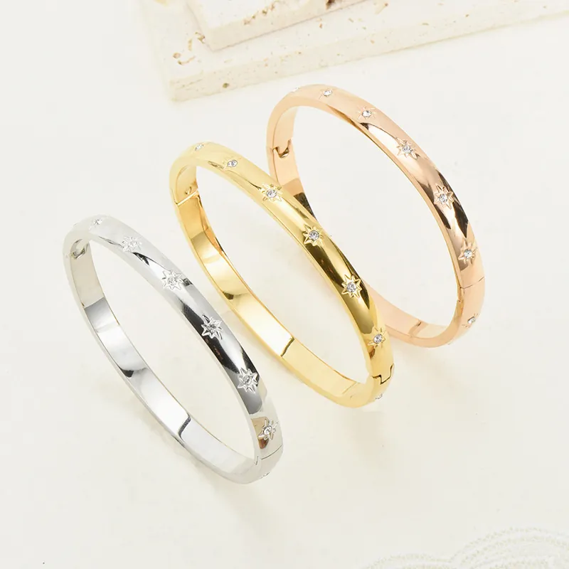 Titanium Steel Bangle For Women 18K Gold Plated Rhinestone Star Starry Sky Pattern Minimalist Luxury Jewelry Hand Cuff Bangle