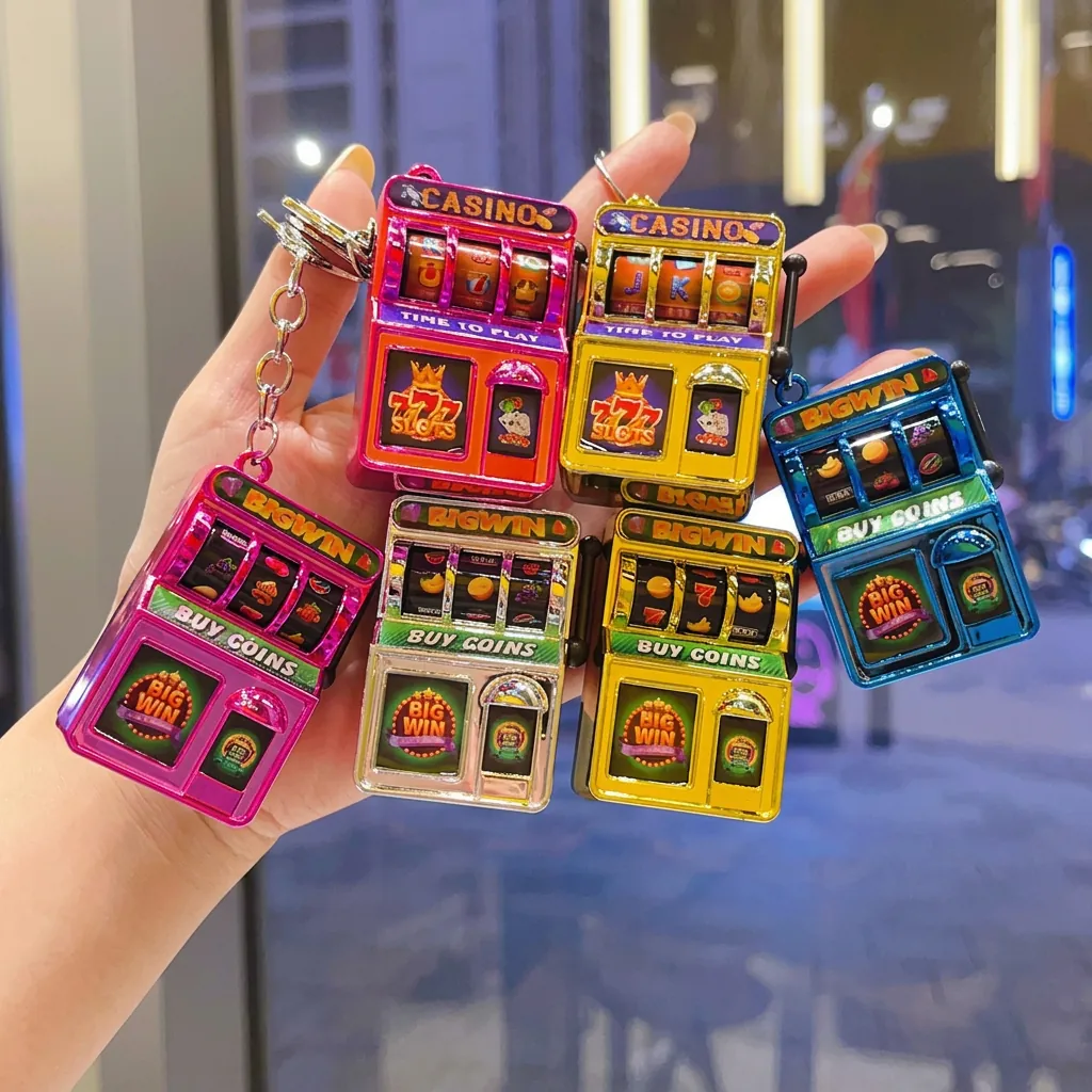 Electroplated Mini Slot Machine Keychain Retro Fruit Machine Decompression Toy Bag Pendant Creative Gambling Game Keychain Gift