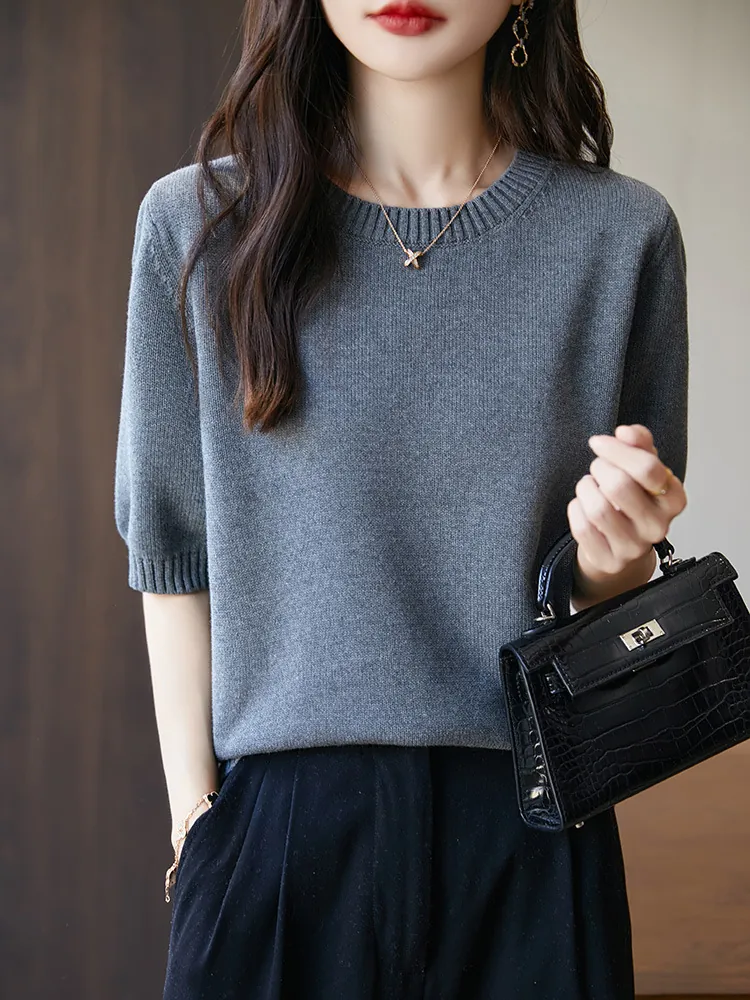 Maglietta da Donna Lavorata a Maglia in 100 Percento Cotone Girocollo Manica Corta Vestibilità Larga Tinta Unita Spessa Casual