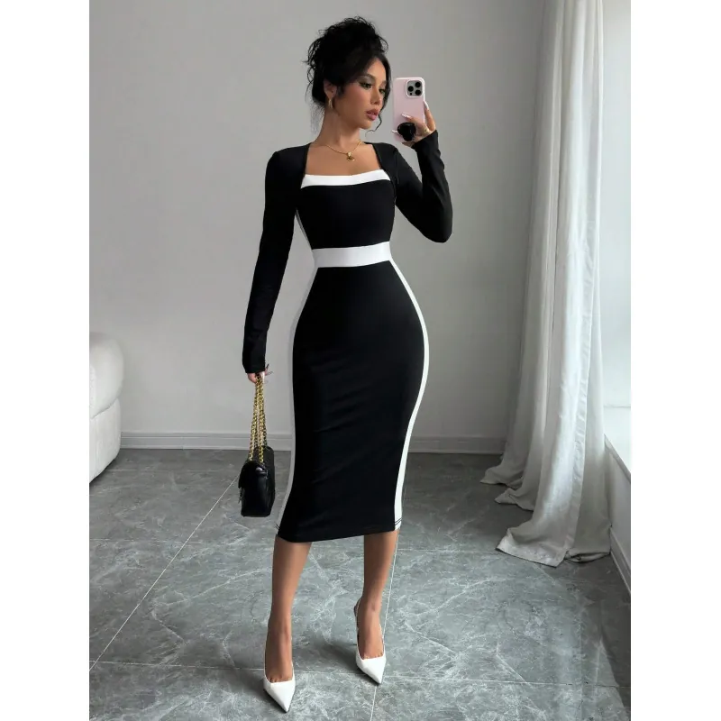 Women Elegant Square Neck Long Sleeve Bodycon Midi Dress Polyester Patchwork Slim Fit Temperament Party Dress for Women