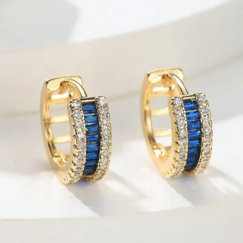 Minimalist Copper Gold Plated Zirconia Huggie Earrings For Women Blue Multicolor Geometric Hoop Earrings Fashion Jewelry