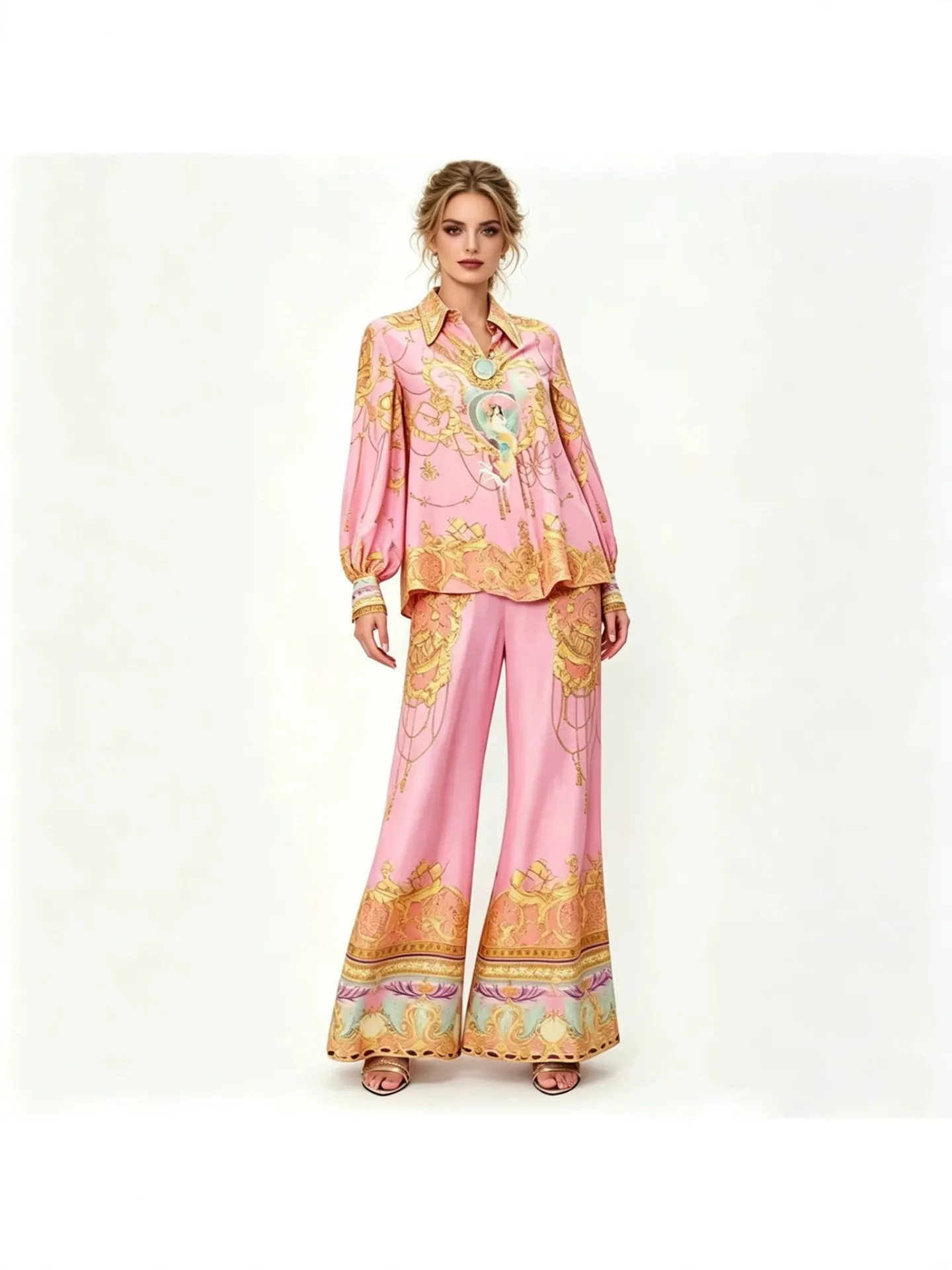 Baroque Print Women Long Sleeve Shirt And Wide Leg Pants Two Piece Set Macaron Pink Polyester Top And Bottom Outfit