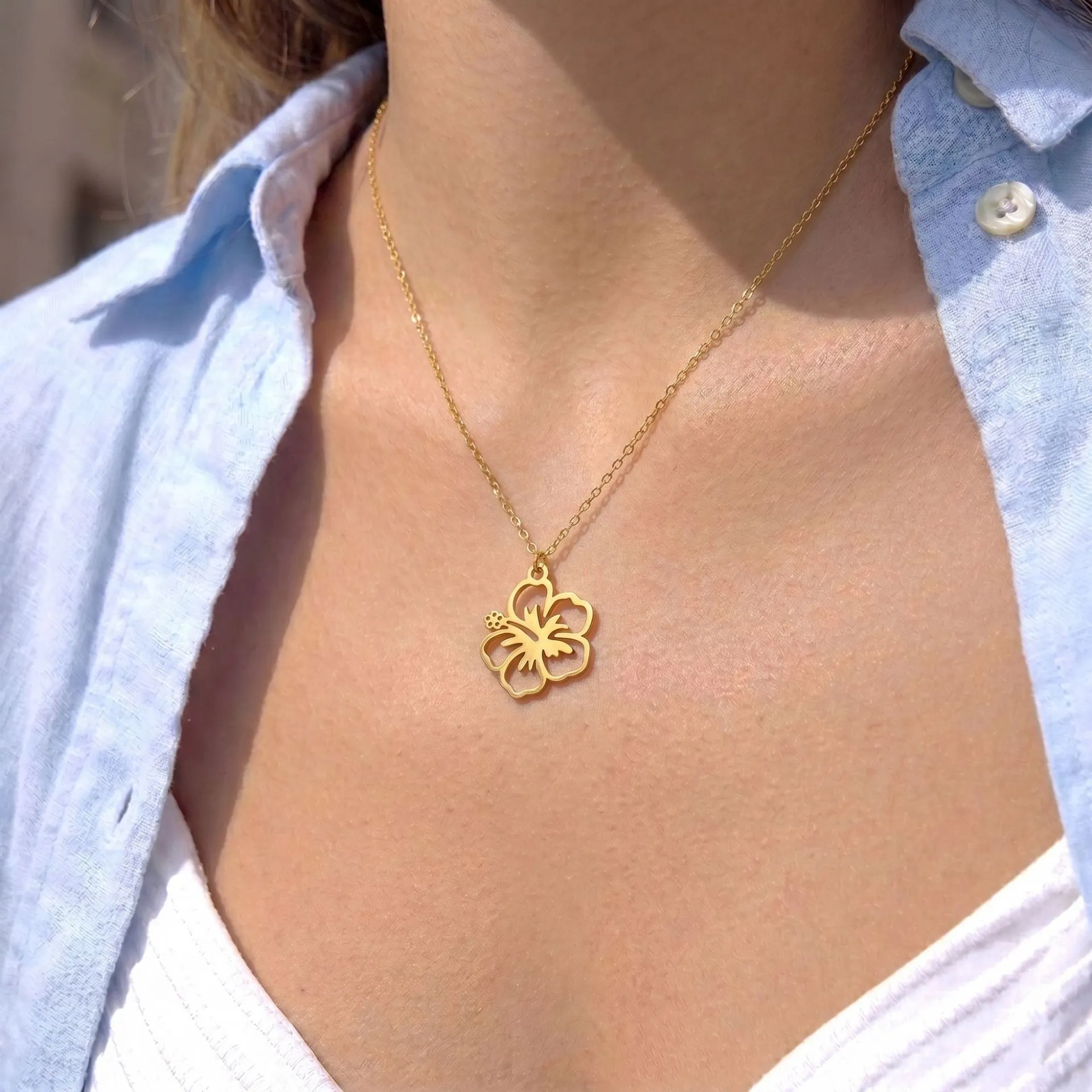 Hollow Hibiscus Flower Pendant Necklace Stainless Steel 18K Gold Plated Water-Resistant Tarnish-Free Jewelry For Women