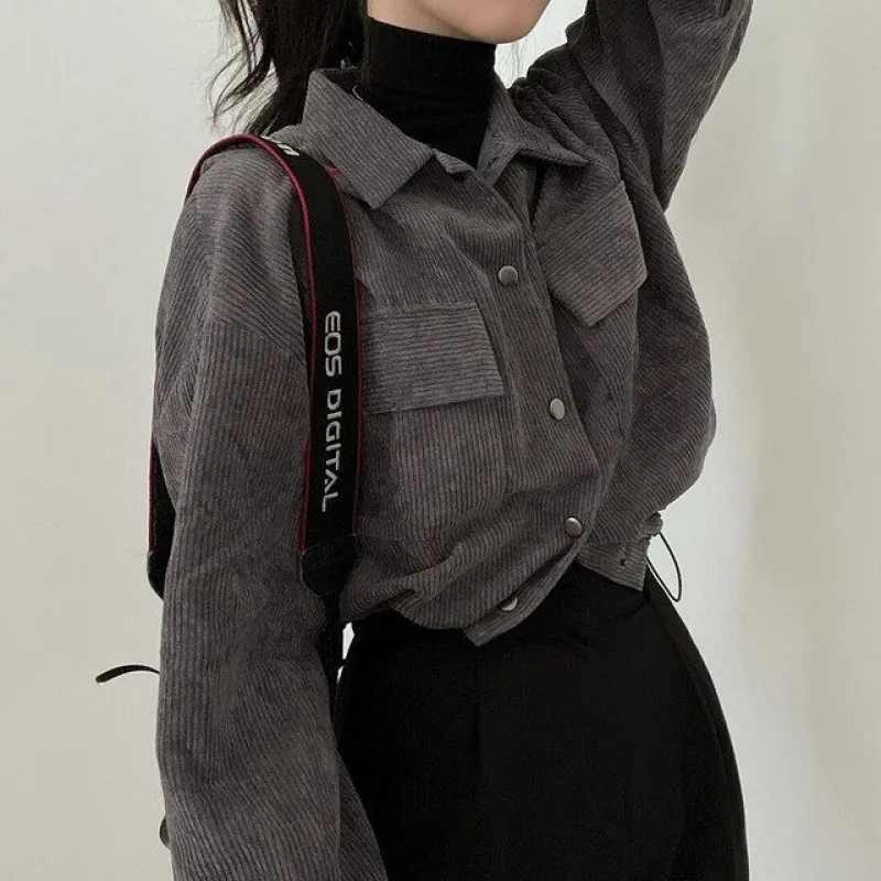 Korean Chic Retro Corduroy Long Sleeve Shirt Jacket For Women Loose Drawstring Hem Short Lapel Solid Color Polyester Top