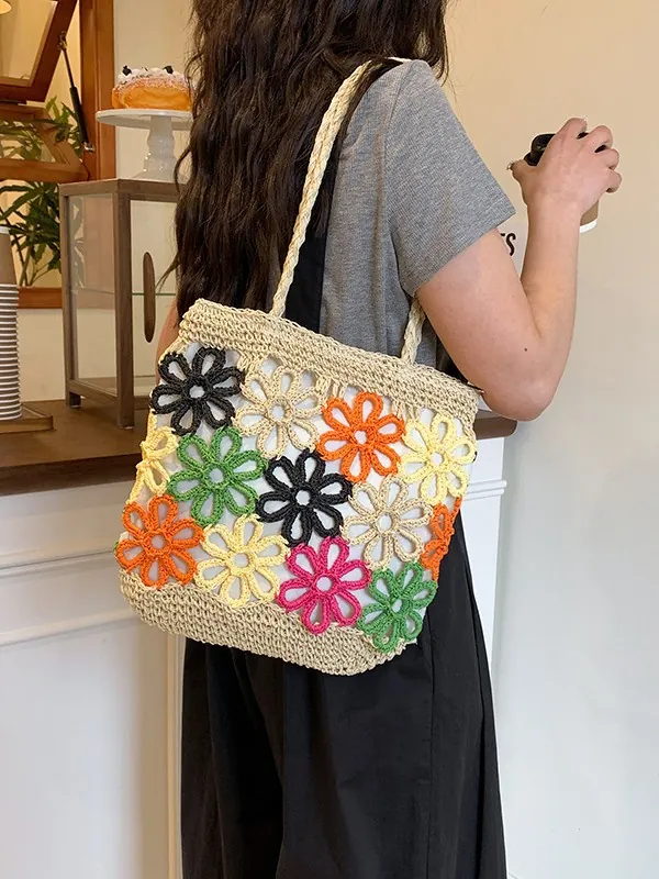 Women Woven Cotton Floral Tote Bag Hollow Out Contrast Color Large Capacity Shoulder Bag Summer Beach Vacation Shopping Bag