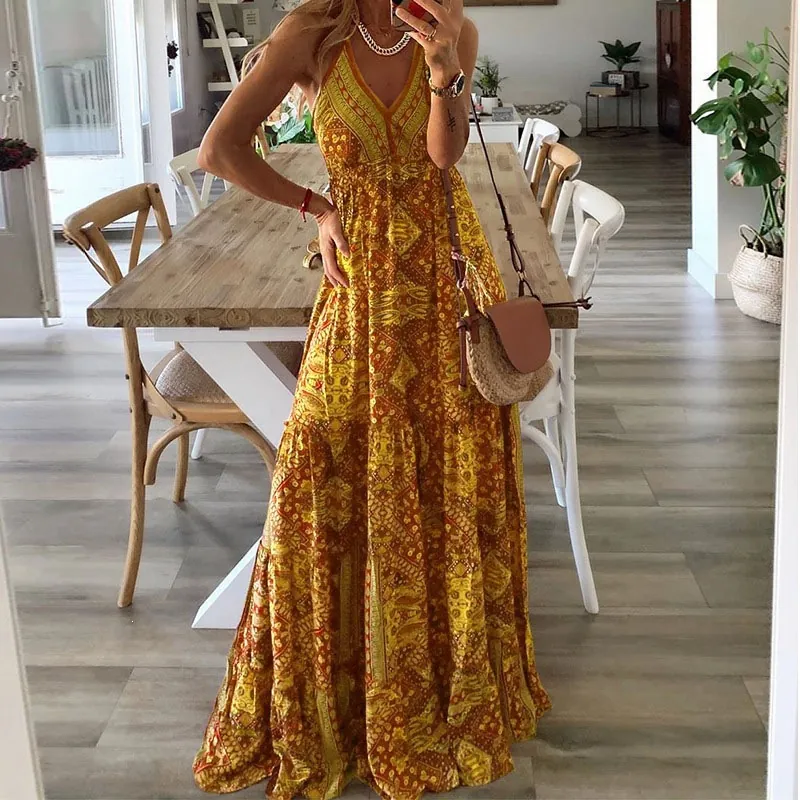 Women Bohemian Floral V-Neck Maxi Dress High Waist Sleeveless Strappy Beach Party Long Dress Polyester Summer Vacation Gown