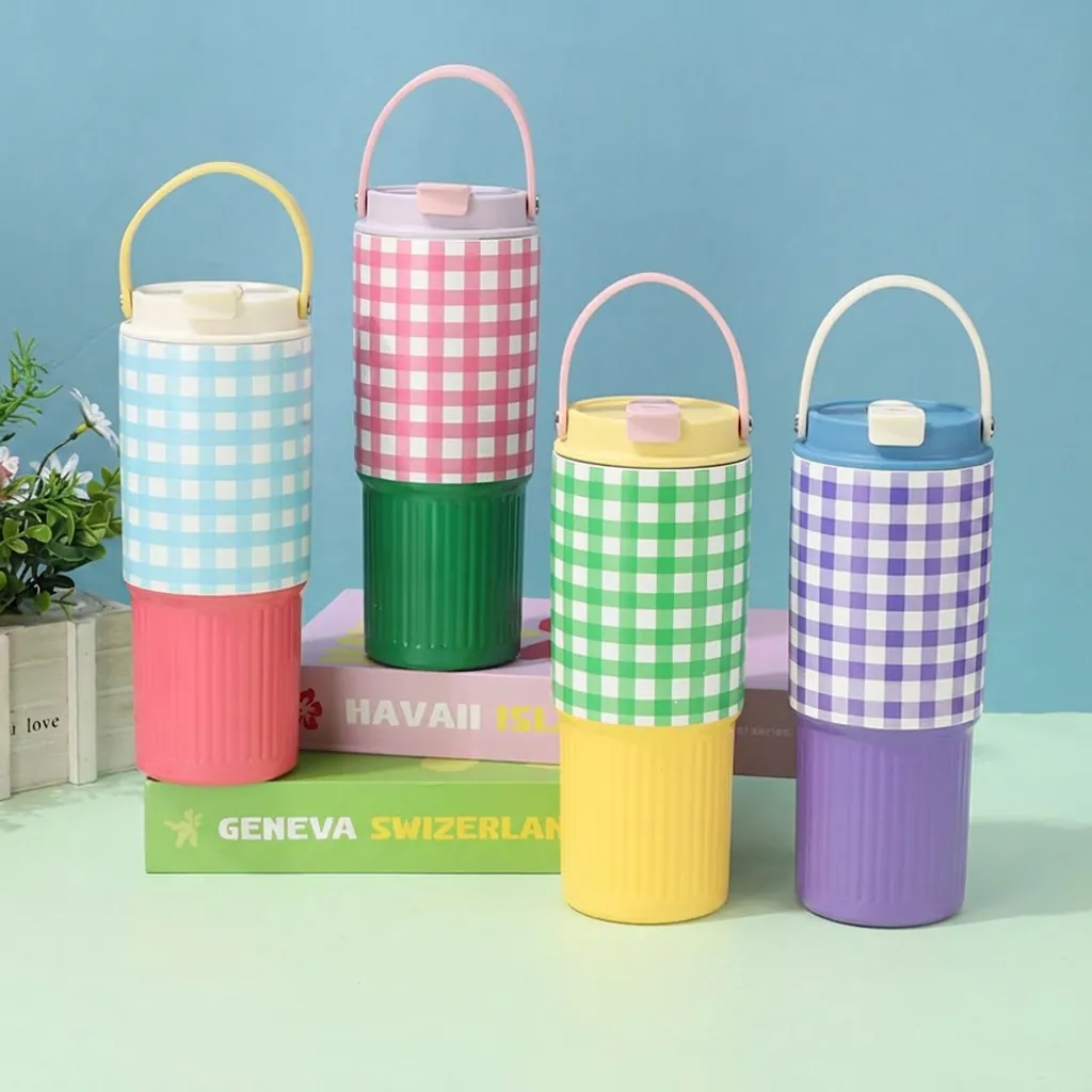Stainless Steel Vacuum Insulated Tumbler With Straw Portable Handle Grid Pattern Large Capacity Thermal Cup For Car Outdoor