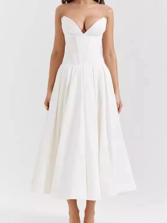 Women Sexy Off Shoulder Backless Corset Maxi Dress Slim Fit Pleated A-Line Banquet Party Long Dress Cotton Blend Top