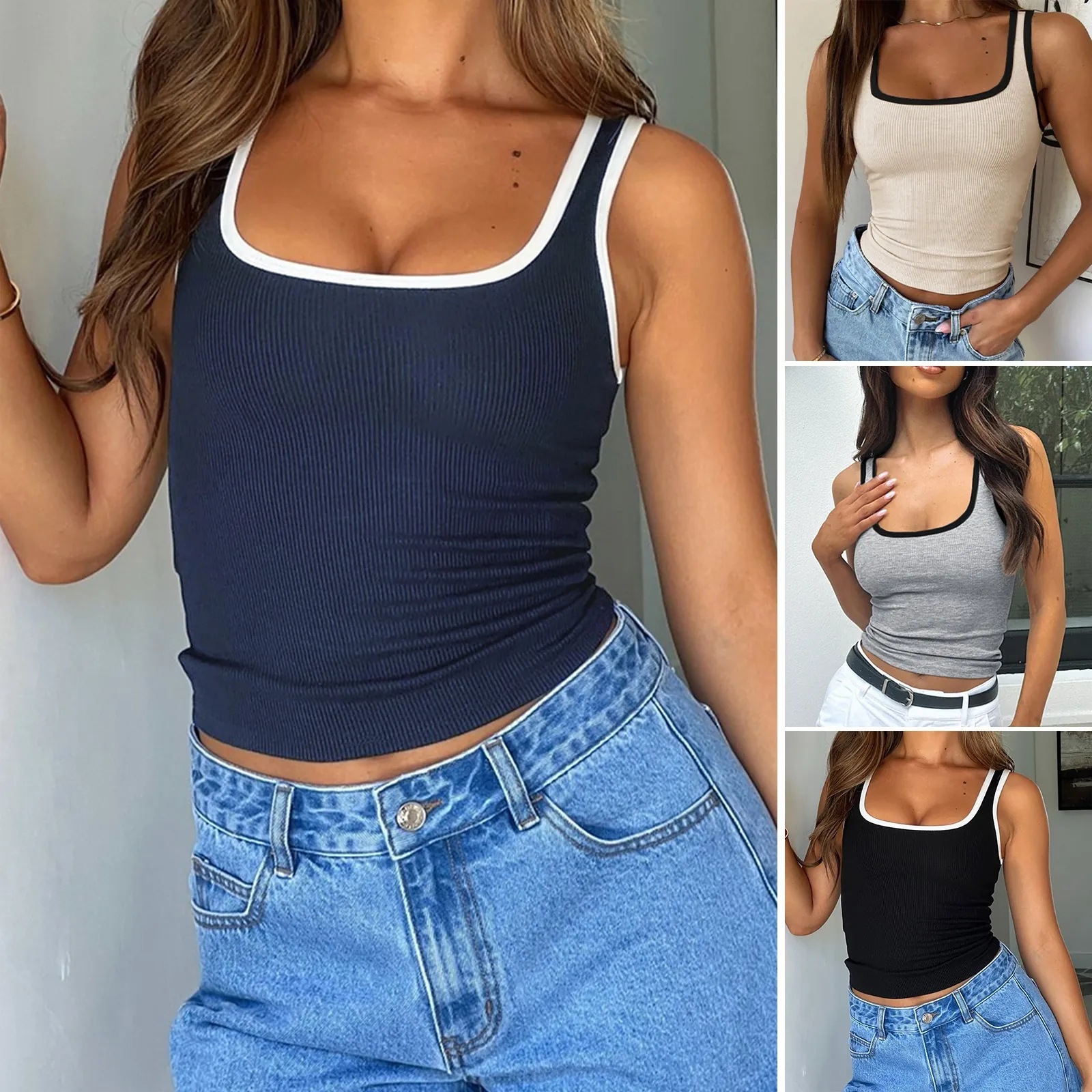 Damen Kontrast Geripptes Strick Unterhemd Slim Fit Ärmellos Streetwear Lässig Sport Top
