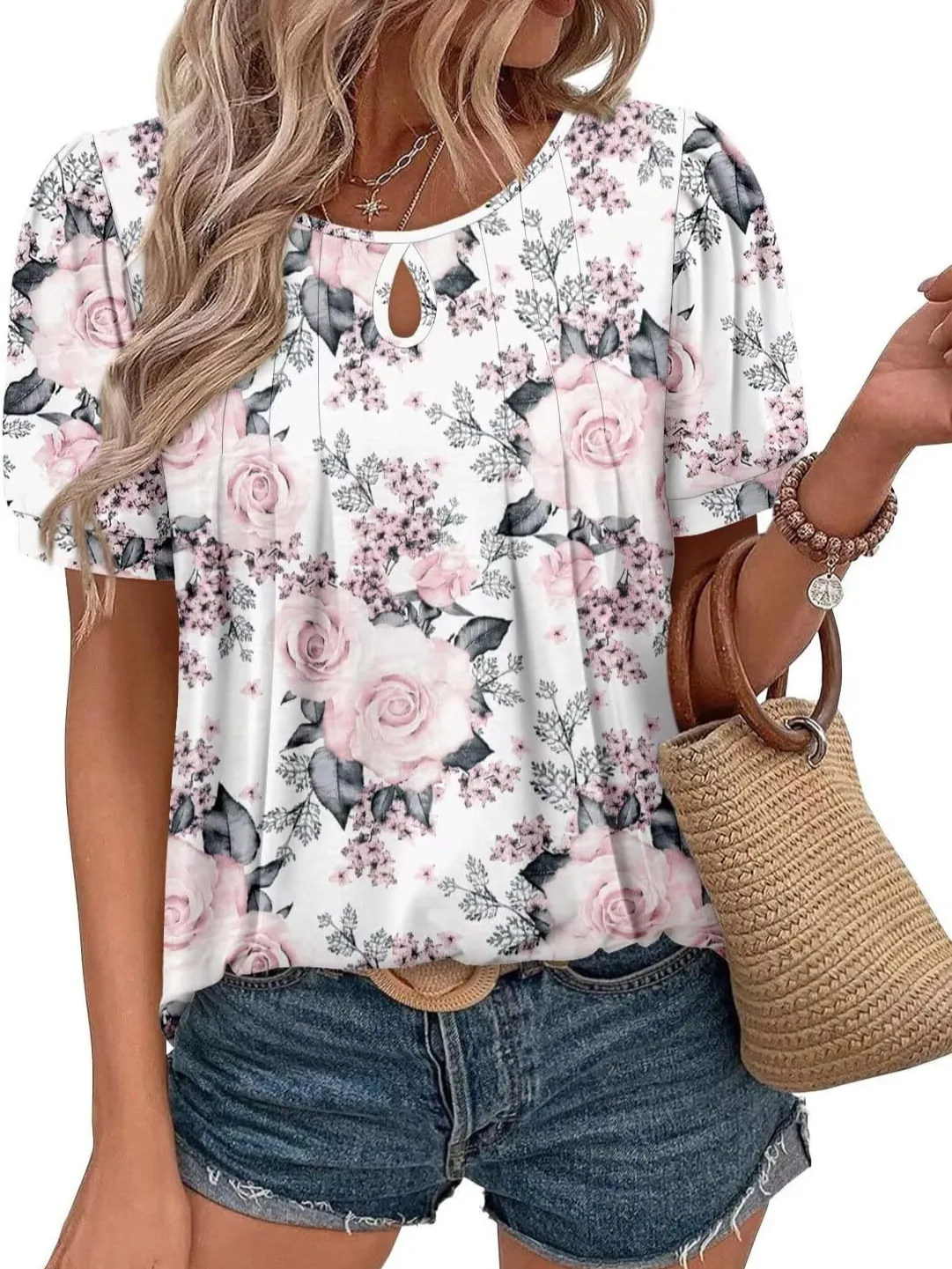 Women Floral Print Short Sleeve T-Shirt Casual Hollow Out Round Neck Ruched Top Polyester Summer Vacation Fashion Tee