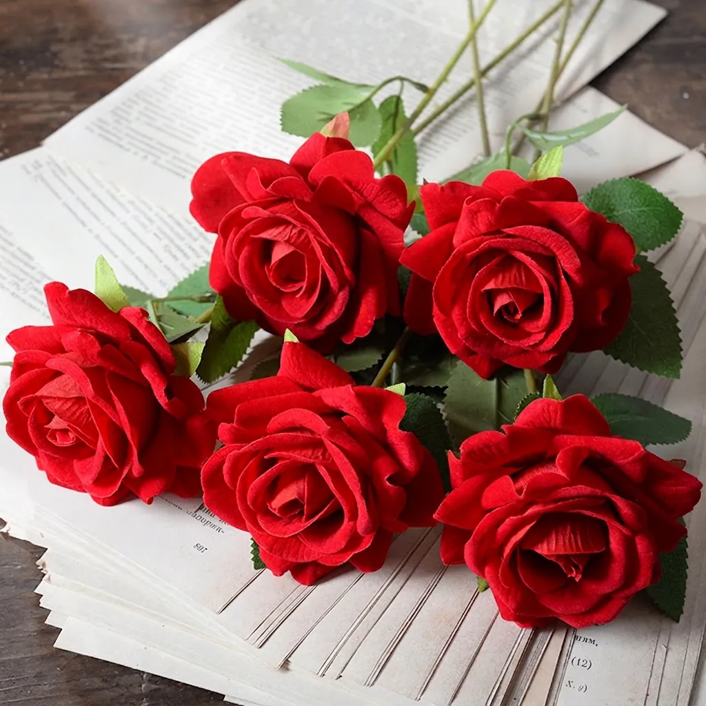 Realistic Artificial Velvet Rose Single Stem Flocked Silk Cloth Fake Flowers For Home Wedding Decoration Valentine Gift