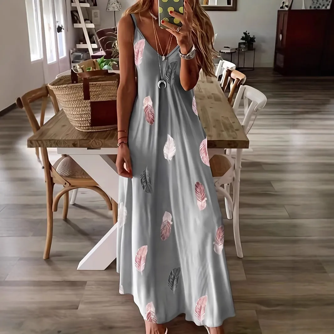 Women's Sleeveless V-Neck Camisole Maxi Dress Feather Print Polyester Spandex Slim Fit Bohemian Summer Casual Long Dress