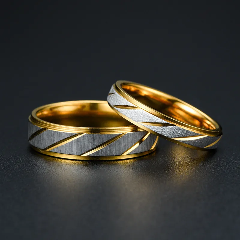 European American Fashion Stainless Steel Couple Rings Gold Silver Two Tone Diagonal Line Textured Brushed Band Ring Jewelry