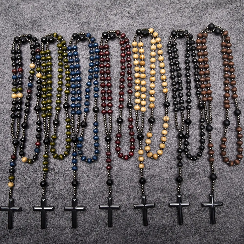 Vintage Lotus Wood Bead Hematite Rosary Necklace For Women Men Religious Cross Pendant Long Beaded Necklace Prayer Jewelry