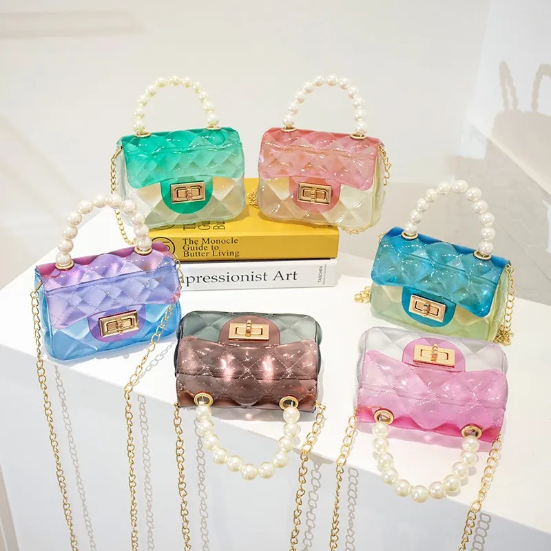 Mini Jelly Handbag For Women Gradient Color Quilted PVC Handbag With Artificial Pearl Handle Metal Chain Crossbody Bag