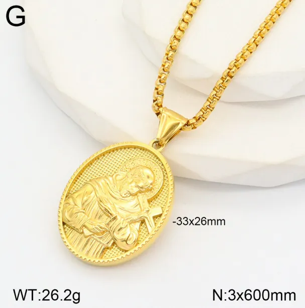 Vintage Stainless Steel Religious Portrait Pendant Necklace 18K Gold Plated 3D Relief Saint Mary Jesus Medal For Men Women