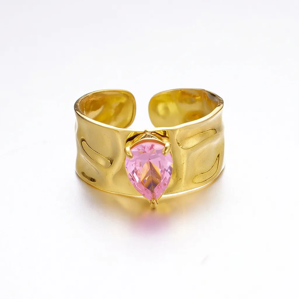 Stainless Steel 18K Gold Plated Pink Heart Rhinestone Hammered Open Adjustable Ring For Women Niche Design Fashion Jewelry