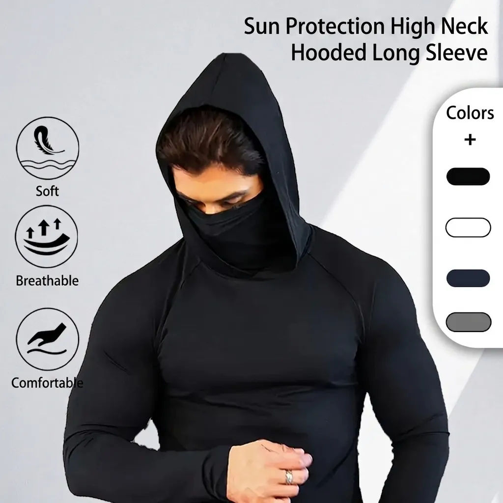 Maglia a Compressione da Uomo con Protezione Solare Felpa con Cappuccio per Pesca con Maschera Asciugatura Rapida Fitness