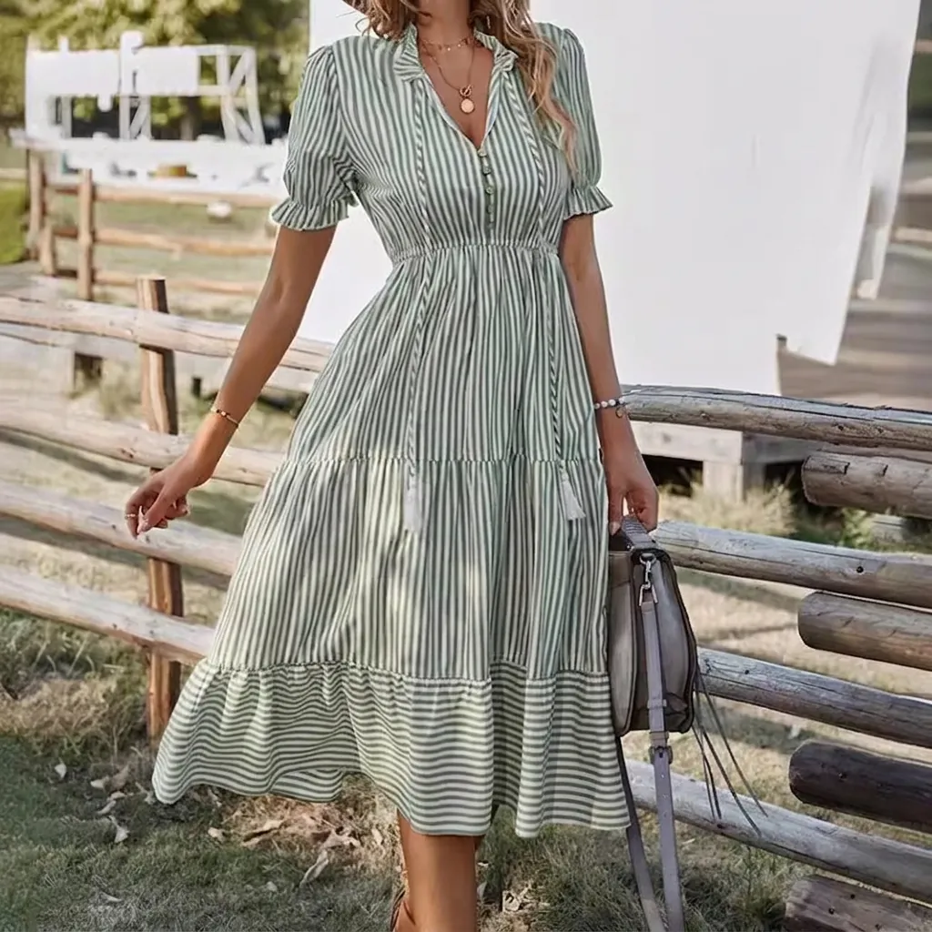 Women's Casual Striped Midi Dress Short Sleeve V-Neck Tiered Skirt Cotton Summer Beach Sundress Elegant Vacation A-Line Outfit