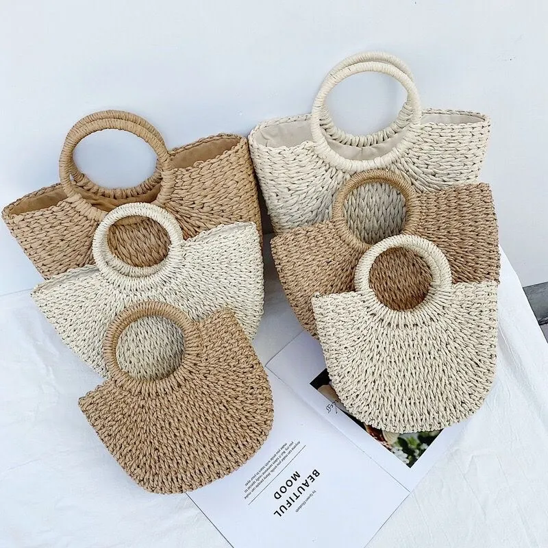 Women Handmade Woven Paper Straw Bag Artistic Minimalist Round Handle Summer Beach Vacation Shoulder Handbag With Scarf Decoration