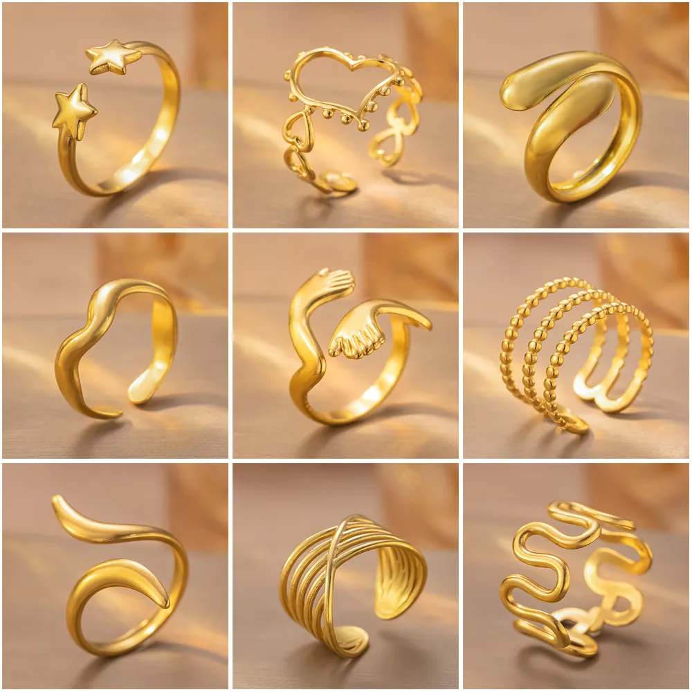 Bague Ouverte en Acier Inoxydable Irrégulière Minimaliste Française Homme Femme Style Ins Étoile Cœur Étreinte Réglable Or Argent Bijoux