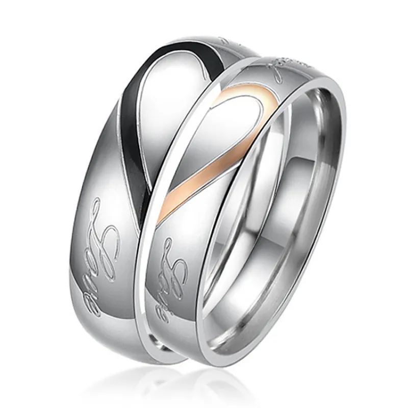 Fashion Titanium Steel Heart Splicing Couple Rings For Men Women Minimalist Engraved Love Engraving Jewelry Trendy Band Rings