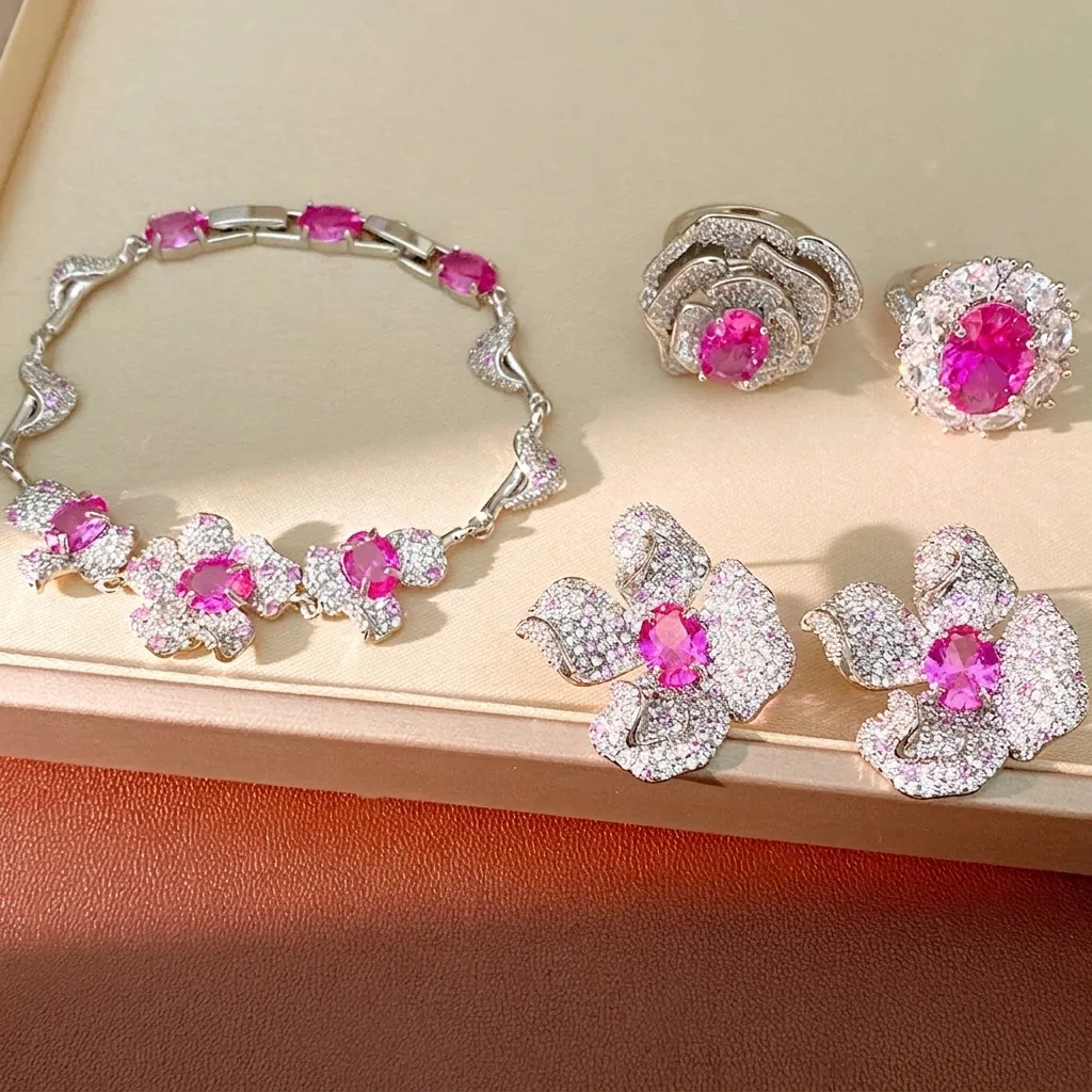 Luxus Rosa Blume Zirkonia Schmuck Kupfer Armband Ring Ohrringe Mit 925 Sterling Silber Stift Süßes Accessoire Für Damen