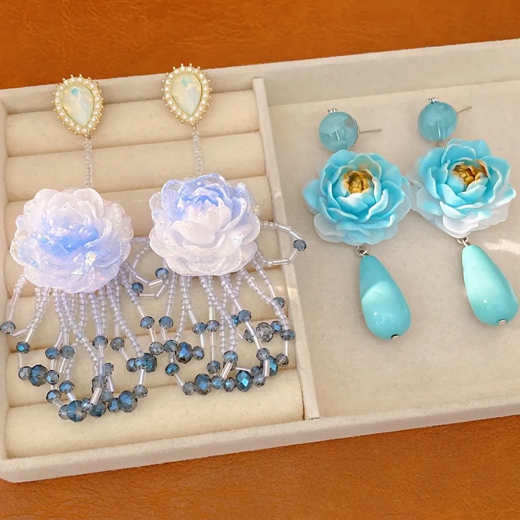 Französisch Vintage Harz Farbverlauf Blau Blume Quaste Ohrringe Für Damen Elegante Handgefertigte Perle Ohrstecker Schmuck