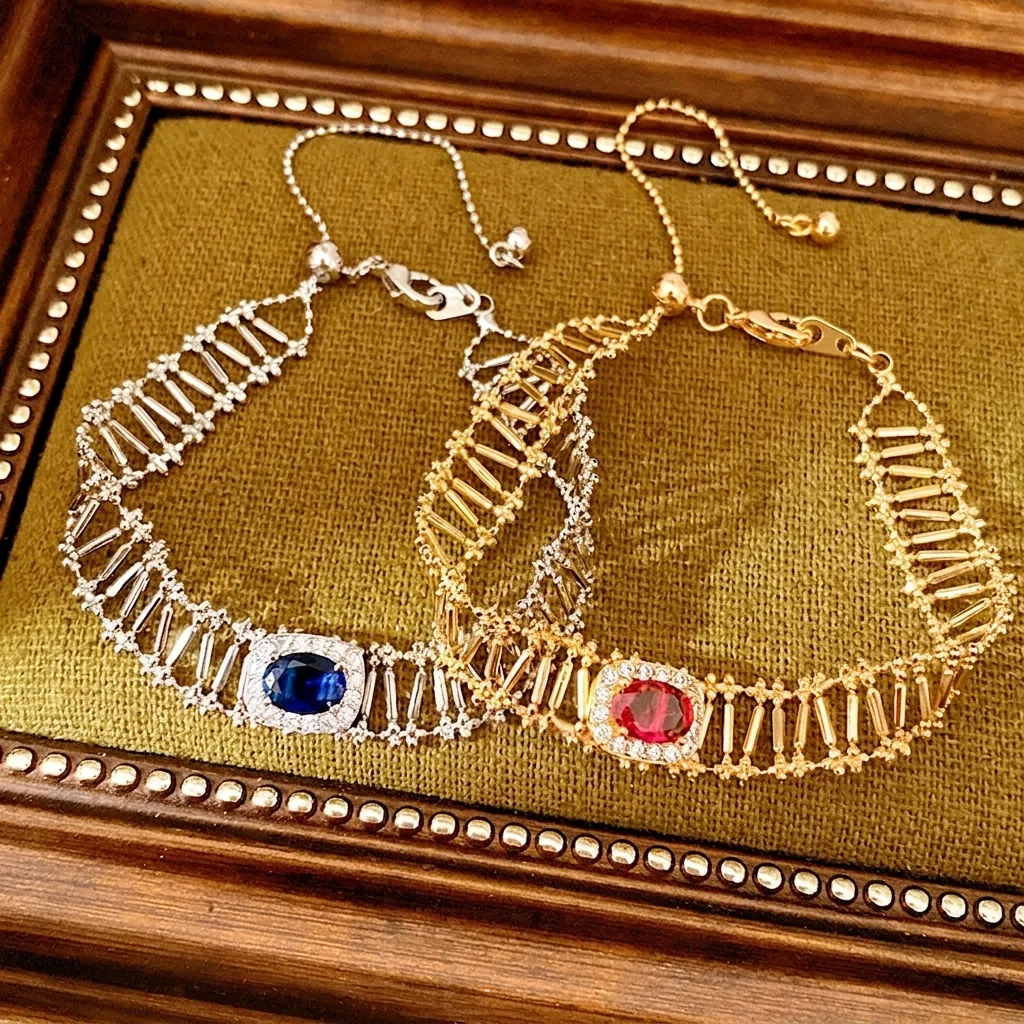 Pulsera de Cadena Hueca de Cobre Vintage con Circonia para Mujer Estilo Palacio Ovalado Geométrico Incrustado Joyería Moda