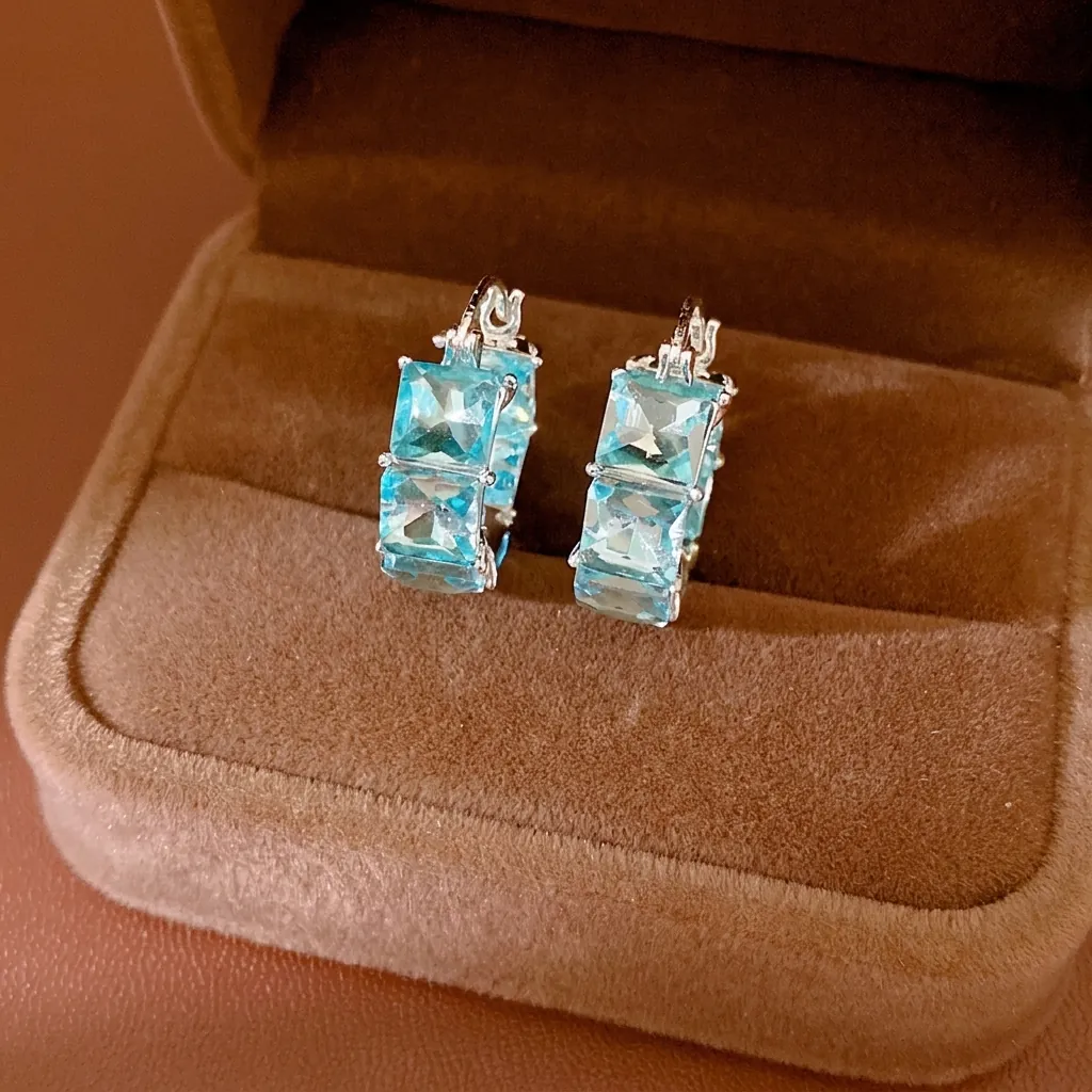 Lussuosi Orecchini a Bottone in Zirconia Quadrata Blu Chiaro per Donna Perno in Argento Rame Minimalista Gioielli Geometrici Eleganti