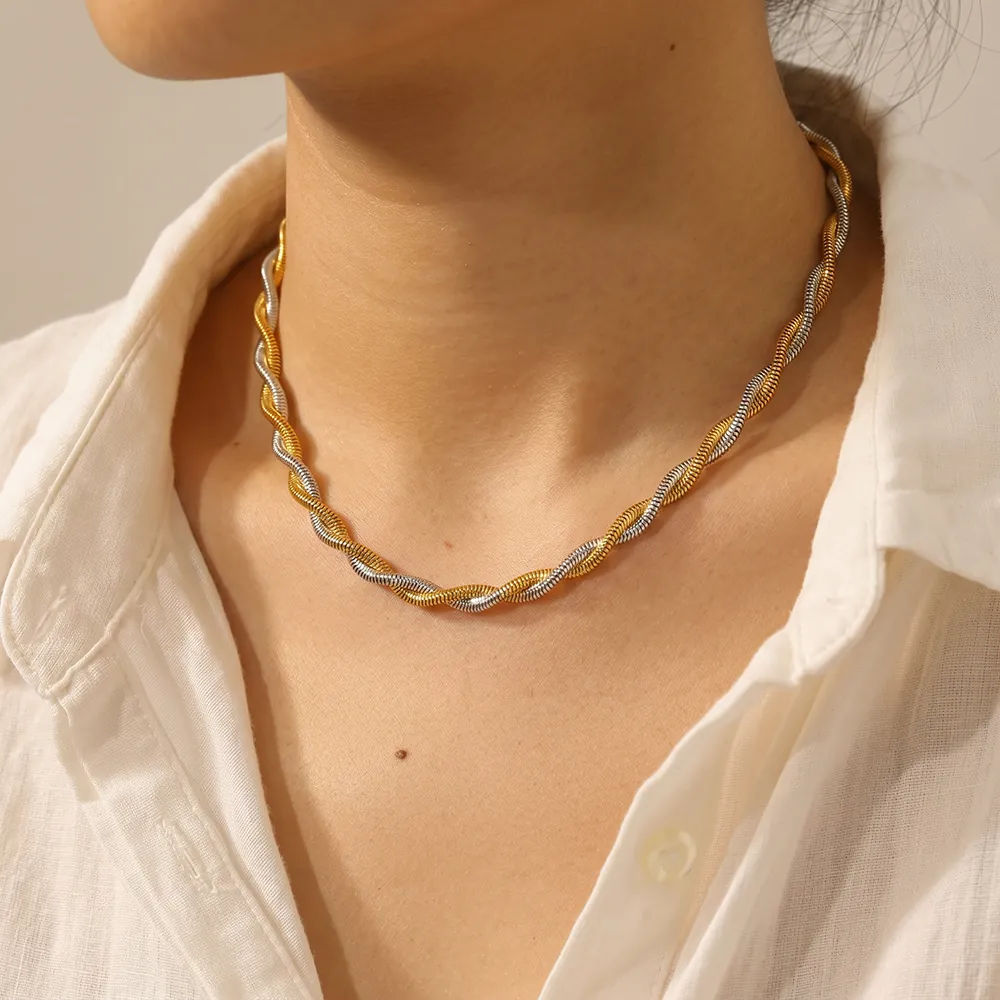 Collier Chaîne en Os de Serpent Torsadé en Acier Inoxydable Bicolore Vintage pour Femmes Choker Géométrique Bijoux