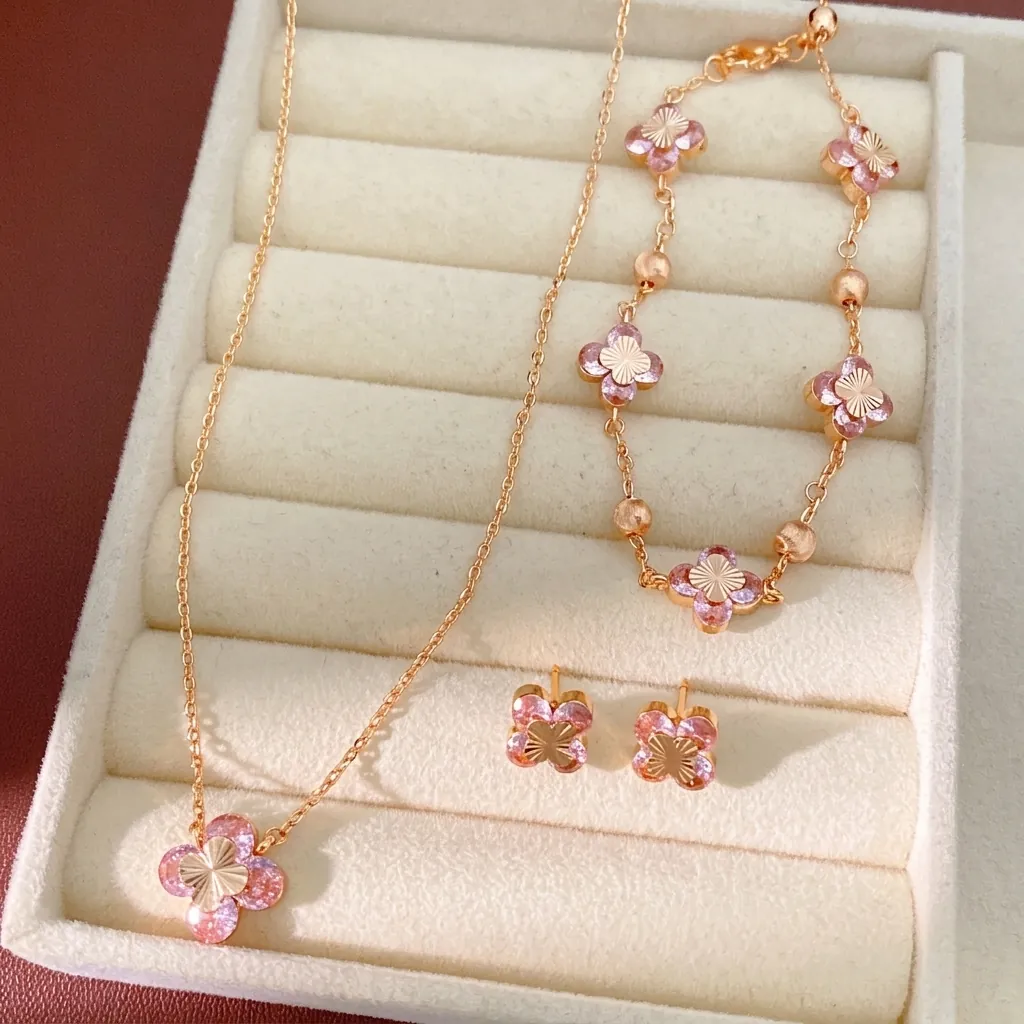 Juego de Joyas de Flores de Circonia Rosa de Lujo Ligero para Mujer Pendientes Collar Pulsera de Cobre Floral Dulce