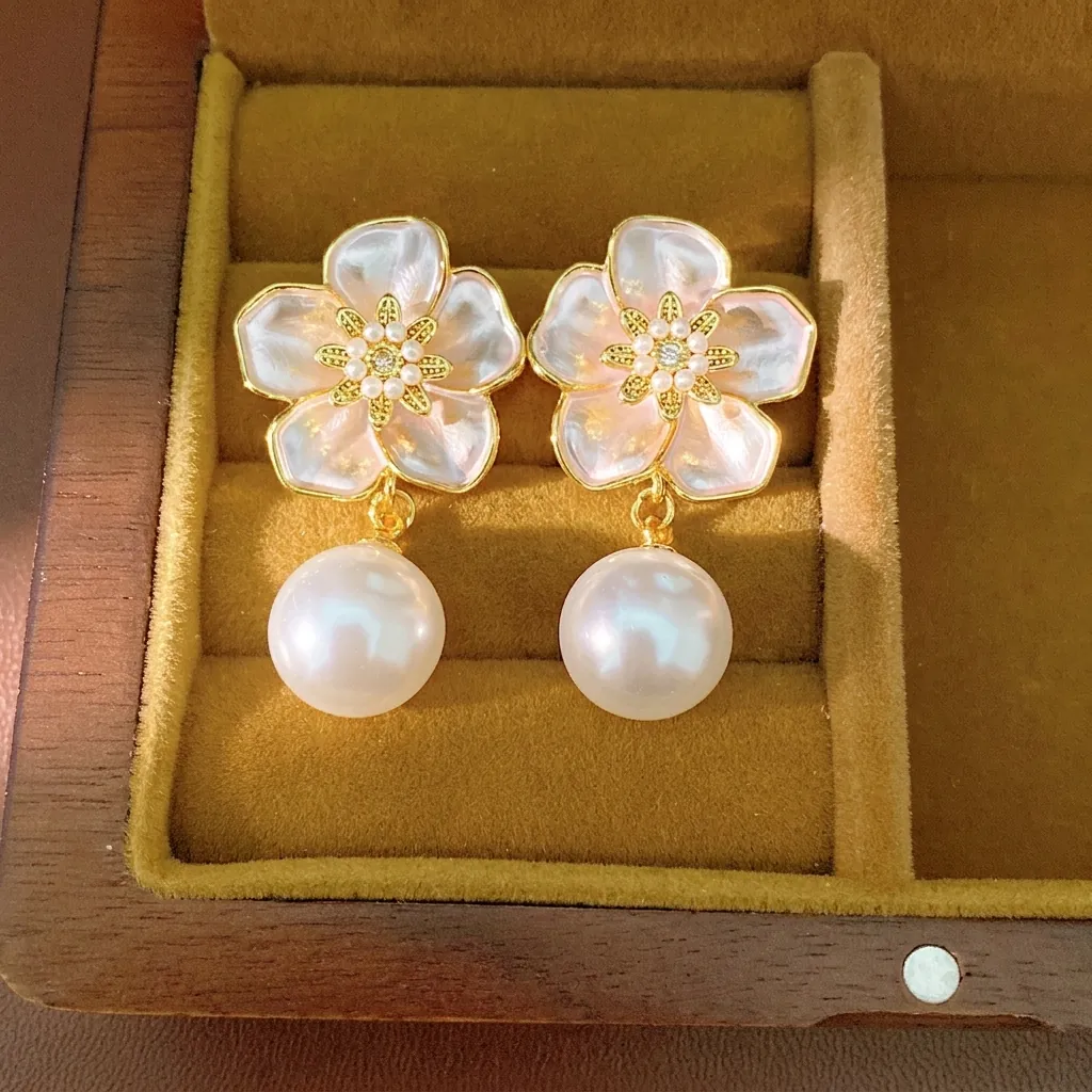 Boucles d'Oreilles Clous Perle Fleur Élégante Avec Zirconia Incrusté Design Floral Huile Goutte Rose Tige en Argent pour Femmes Bijoux