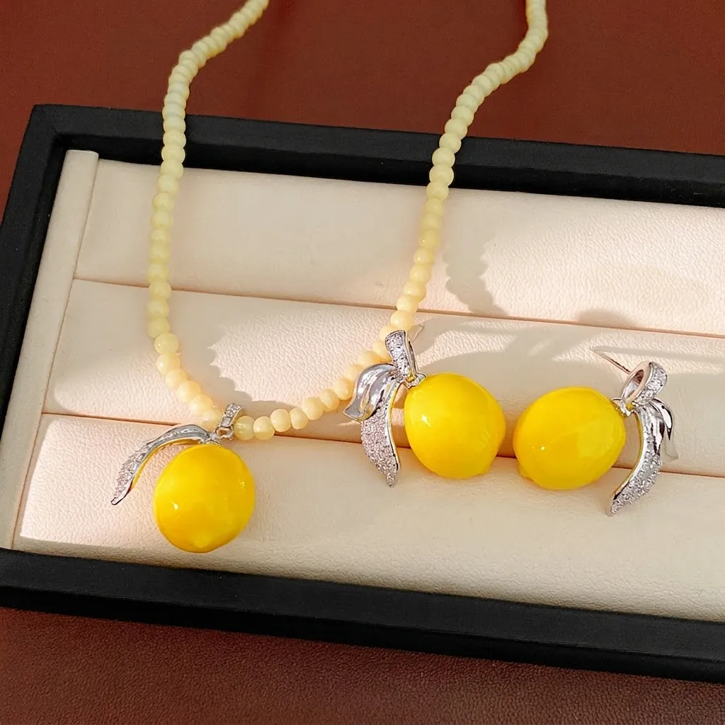 Colección Joyas Limón Fruta Resina Circonia para Mujer Cobre Galvanizado Gargantilla Cuentas Collar Pendientes Accesorio