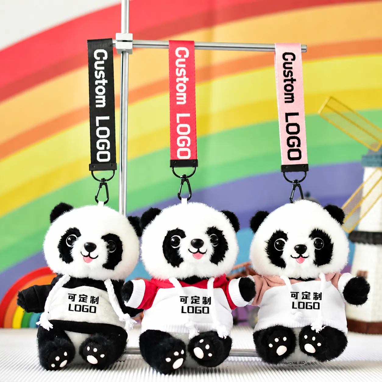 Cute Panda Plush Toy Wearing Colorblock Hoodie With Colorful Lanyard Soft Stuffed Animal Doll Hanging Ornament For Gift