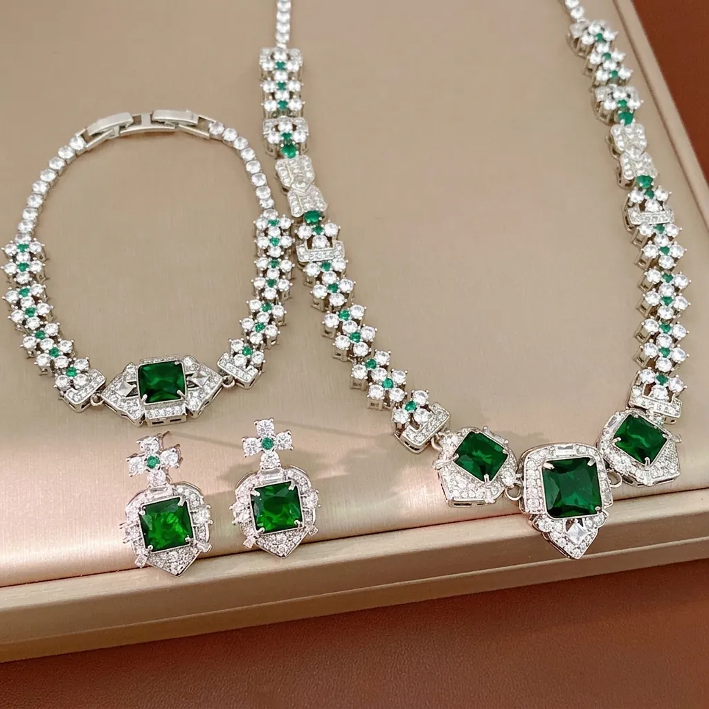 Collection de Bijoux Vintage en Cuivre avec Zirconia Carré pour Femmes Collier Bracelet Boucles d'Oreilles Plaqués Argent Vert Jaune