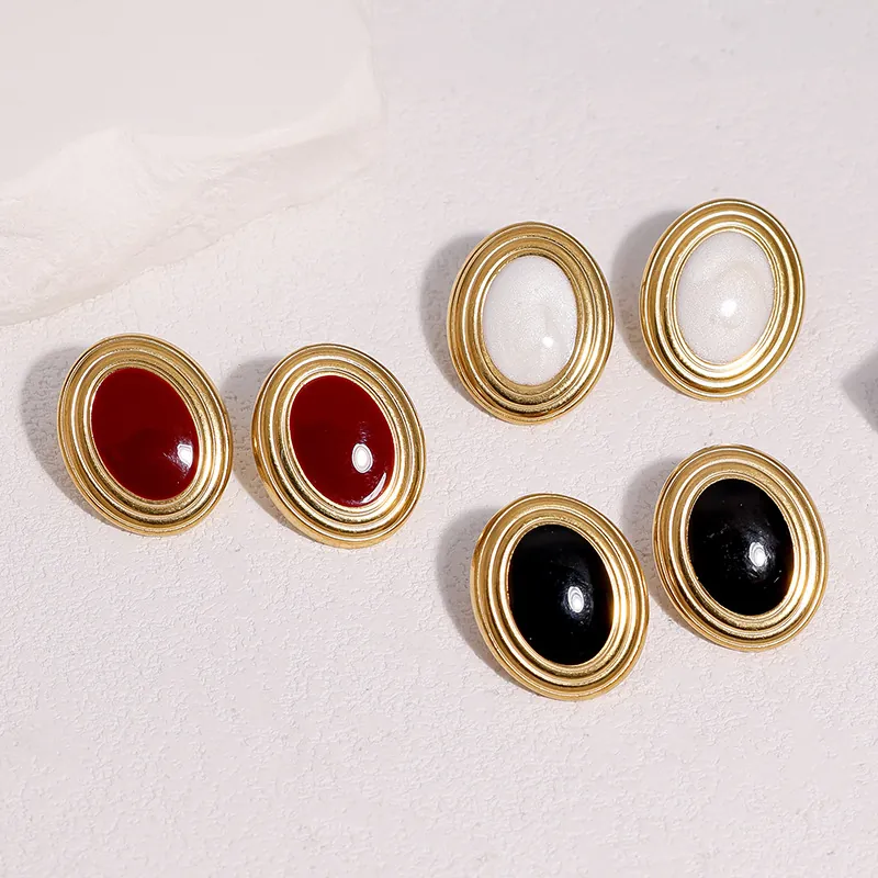 Orecchini a Bottone Ovali in Acciaio Inossidabile Vintage Francese per Donna Gioielli di Moda di Lusso Placcati in Oro