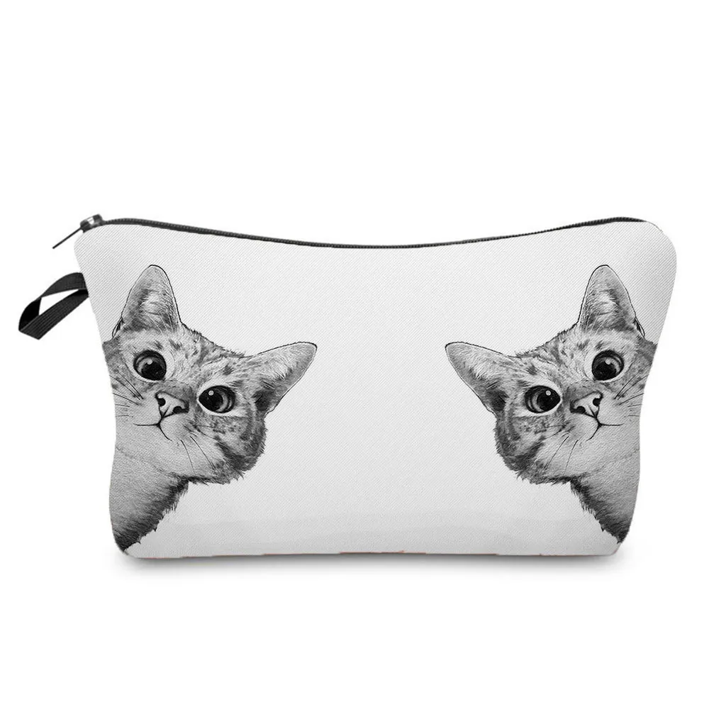 Cartoon Cute Cat Printed Makeup Bag Portable Polyester Travel Toiletry Storage Bag Waterproof Shockproof Women Cosmetic Organizer Pouch