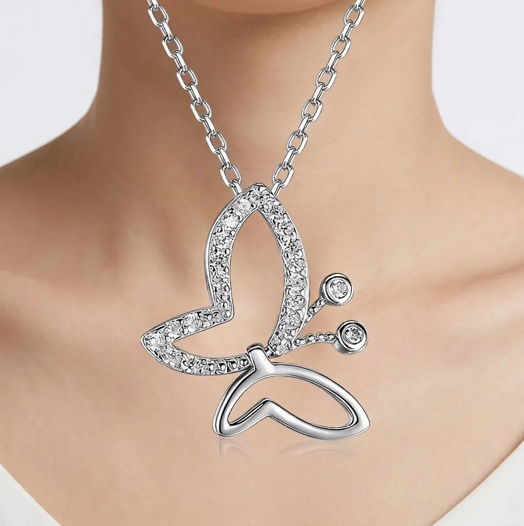 925 Sterling Silver Butterfly Pendant Necklace For Women Sparkling Zirconia Inlaid Romantic Clavicle Chain Jewelry Gift