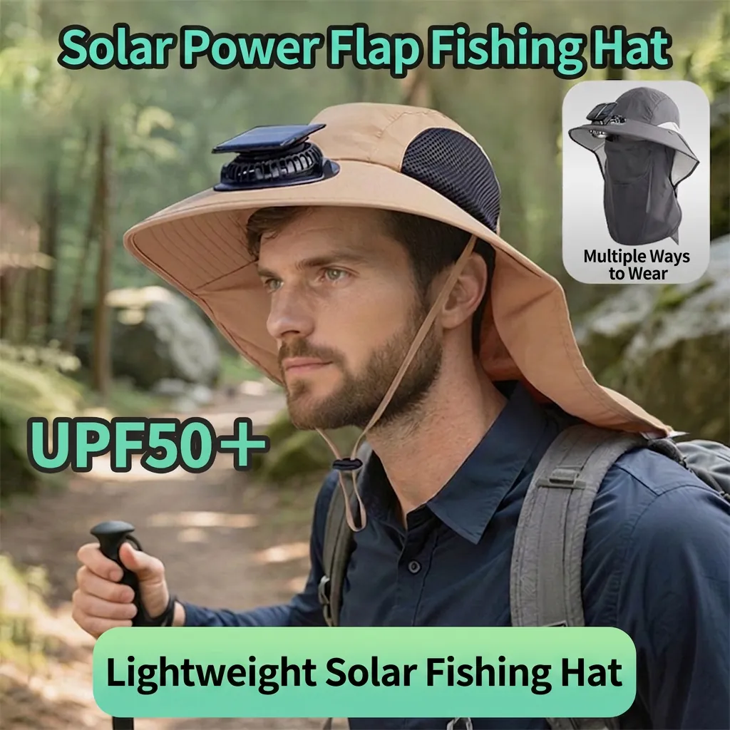 Solar Power Fan Bucket Hat Wide Brim Sun Protection Cap With Neck Shawl UPF 50 Plus Outdoor Hiking Fishing Hat For Men Nylon Breathable Cooling Headwear
