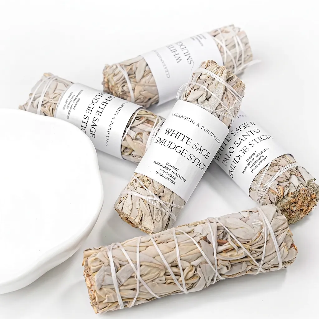 Natural California White Sage Palo Santo Smudge Stick With Crystal Stone Handmade Purifying Incense For Home Meditation
