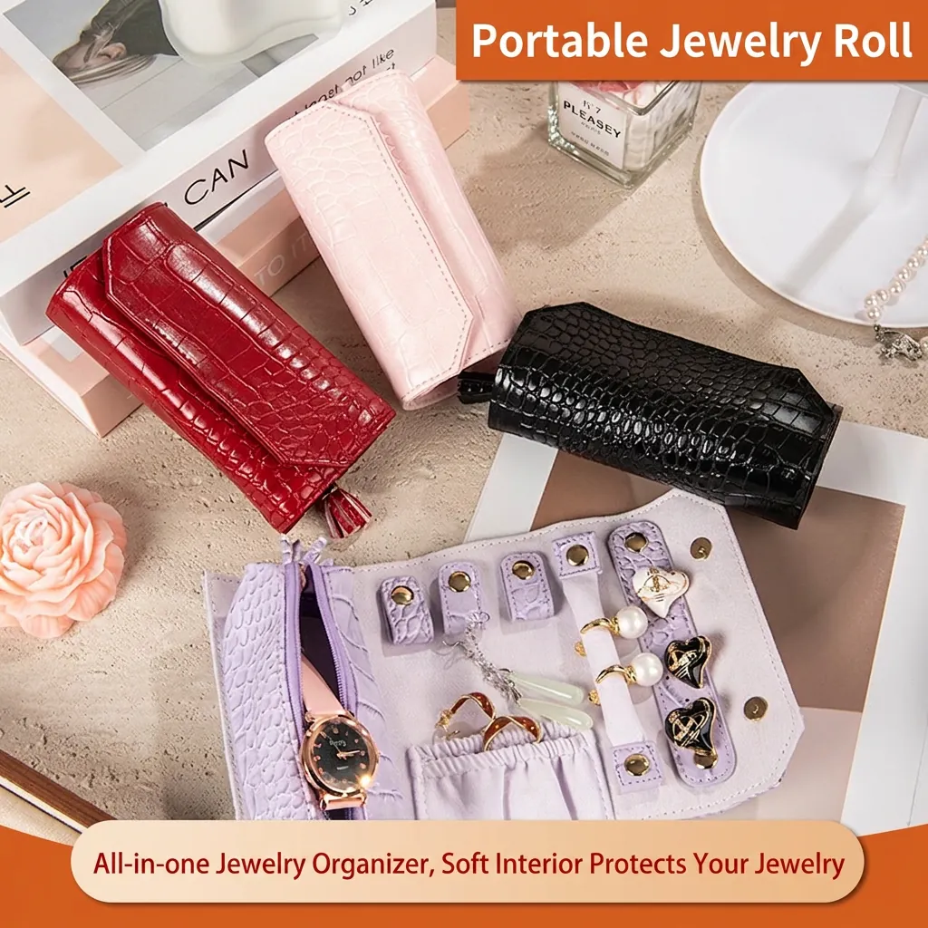 Portable Crocodile Pattern PU Leather Jewelry Storage Roll Multi Slot Travel Jewellery Bag Tassel Zipper For Rings Necklaces